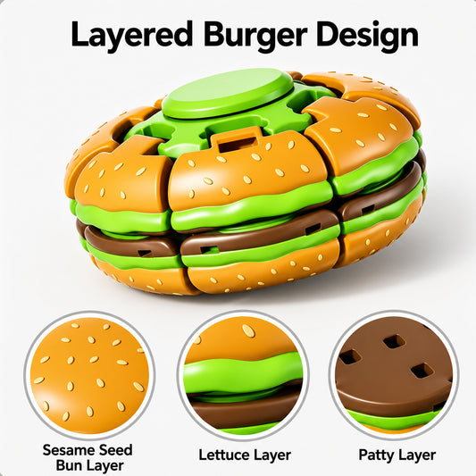 3D printed hamburger fidget spinner, press-to-spin stress relief desk toy