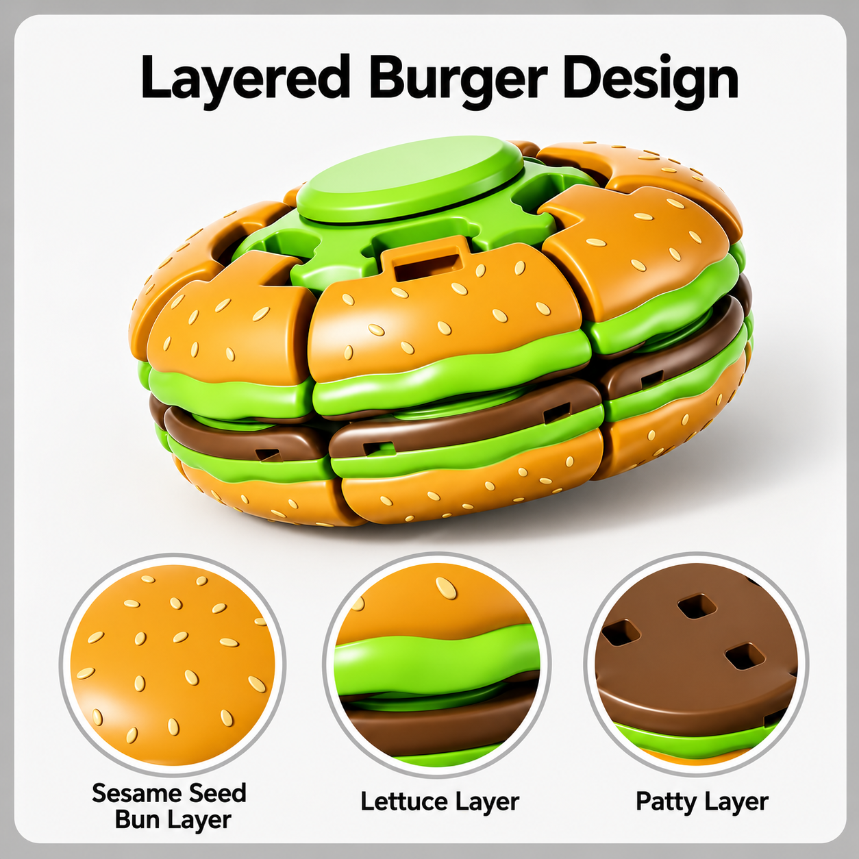 3D Printed Press-to-Spin Hamburger Fidget Ball Spinner, 2-in-1 Portable Sensory Stress Relief Desk Toy for Adult Anxiety Relief