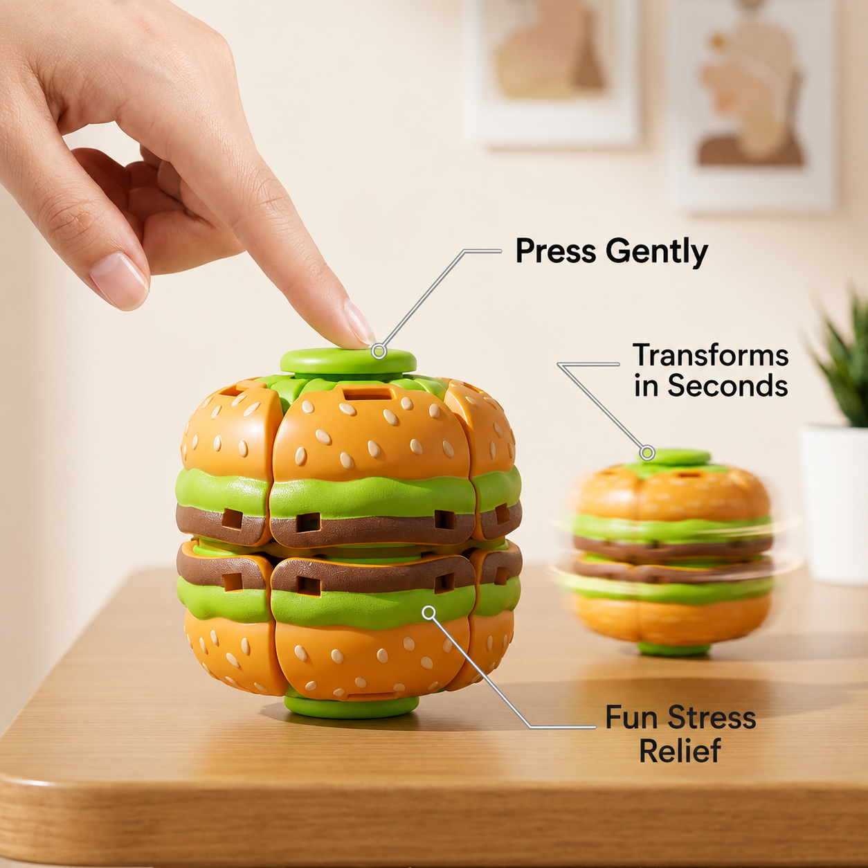 3D Printed Press-to-Spin Hamburger Fidget Ball Spinner, 2-in-1 Portable Sensory Stress Relief Desk Toy for Adult Anxiety Relief