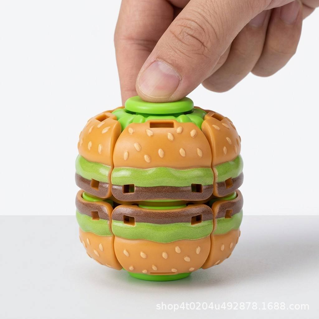 3D Printed Press-to-Spin Hamburger Fidget Ball Spinner, 2-in-1 Portable Sensory Stress Relief Desk Toy for Adult Anxiety Relief