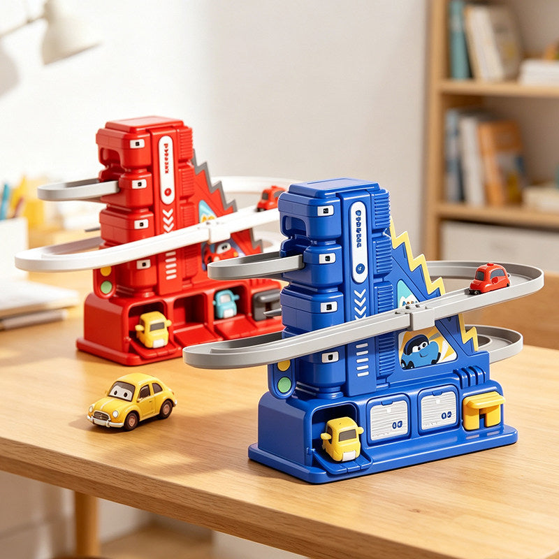 Kids Manual Car Track Parking Garage Toy | Sliding Ramp Playset with Mini Cars