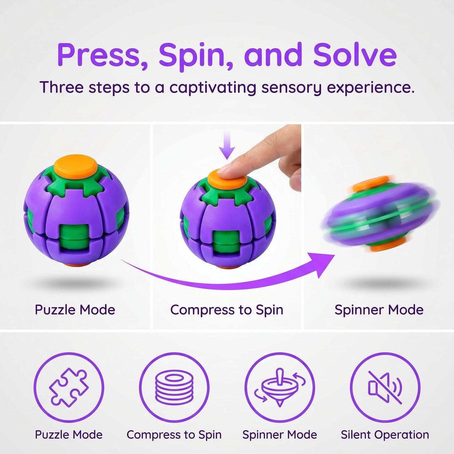 3D printed fidget ball spinner, press-to-spin stress relief toy 