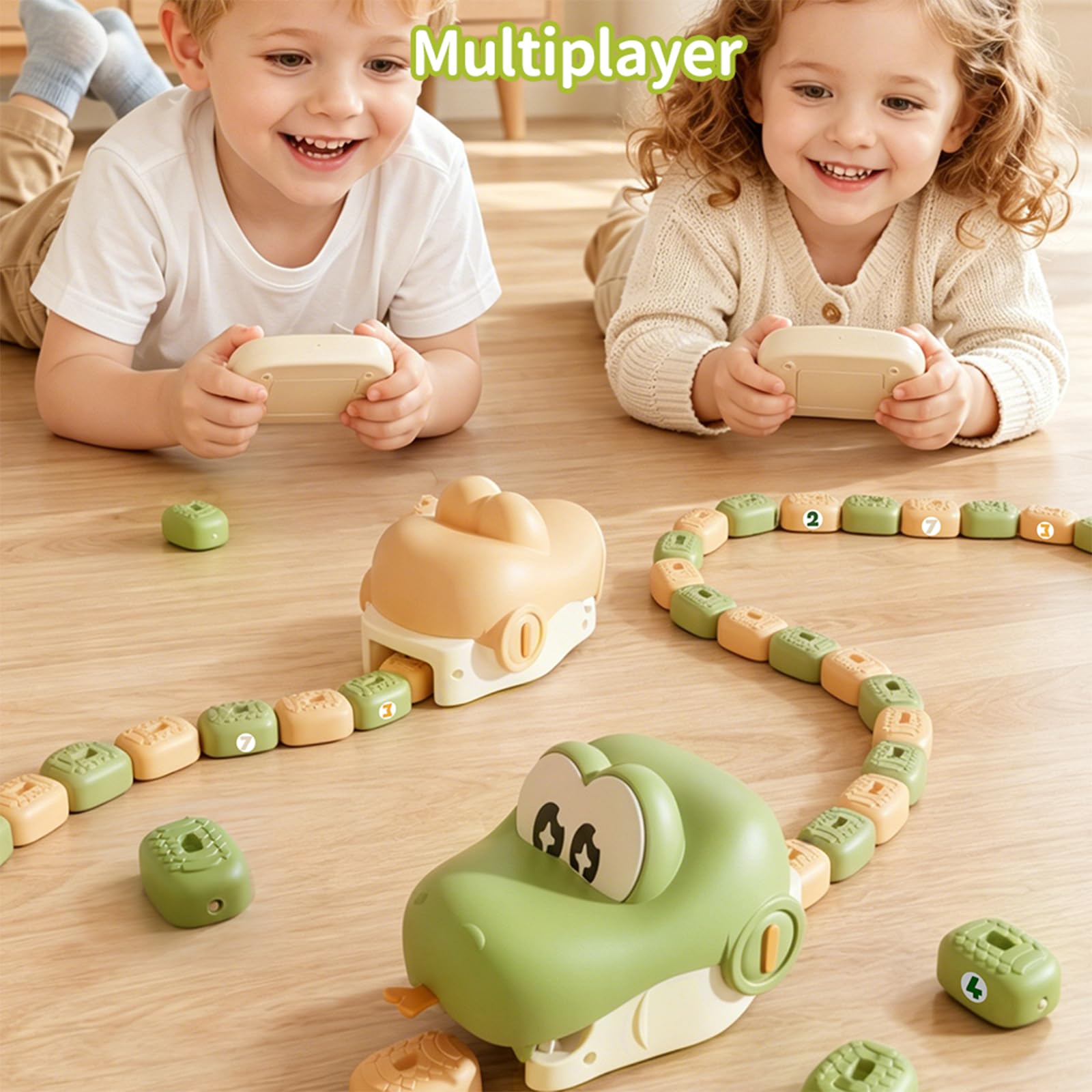 Kids playing RC greedy snake battle game, snake collecting magnetic food blocks to grow longer