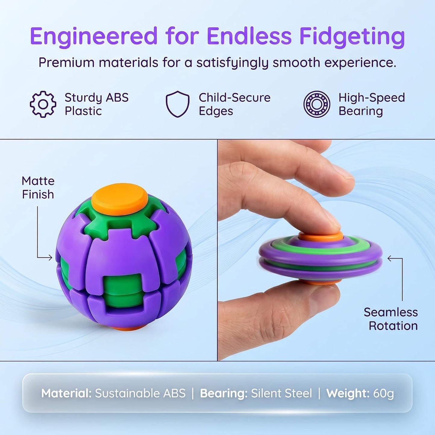 3D printed fidget ball spinner, press-to-spin stress relief toy 
