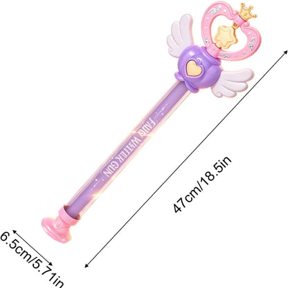 Child holding purple fairy wand water gun by pool – 150ml capacity squirt toy
