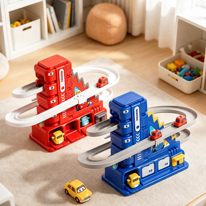 Kids Manual Car Track Parking Garage Toy | Sliding Ramp Playset with Mini Cars