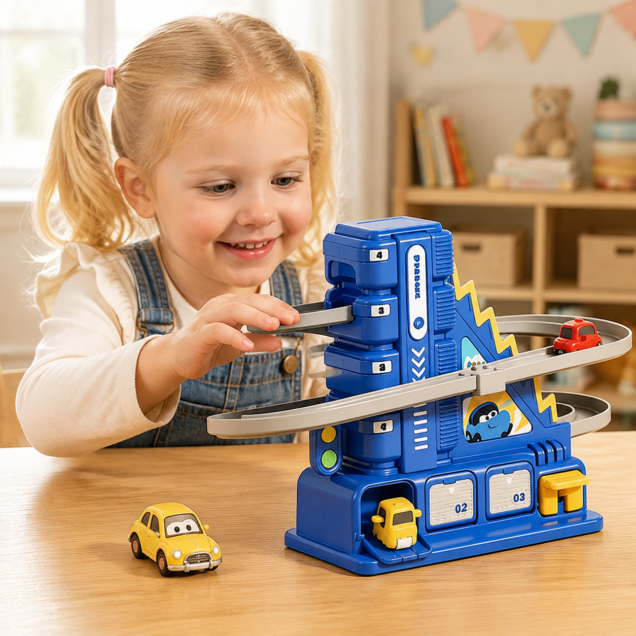 Kids Manual Car Track Parking Garage Toy | Sliding Ramp Playset with Mini Cars