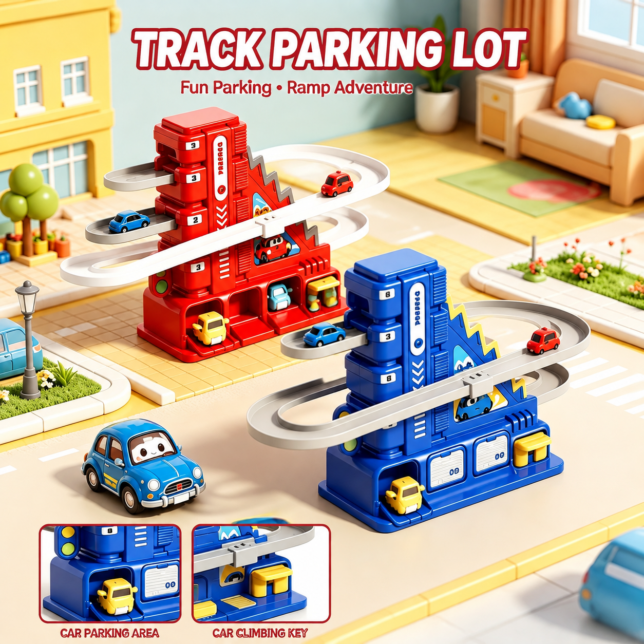 Kids Manual Car Track Parking Garage Toy | Sliding Ramp Playset with Mini Cars